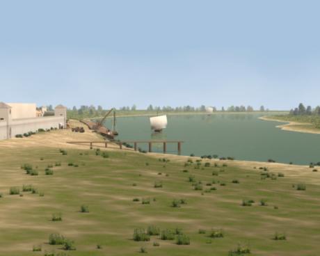 Computermodell des römischen Hafens vor der Colonia.