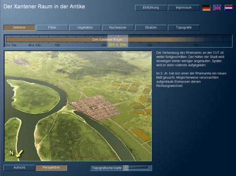 Abb 1: Oberfläche des Informationssystems mit Blick auf die perpektivische Ansicht auf die Colonia Ulpia Traiana und deren Umfeld.