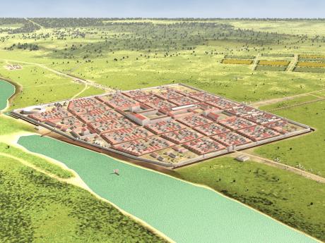 Die 'Colonia Ulpia Traiana' in ihrer Blütezeit. Zu erkennen ist im Vordergrund der bereits teilweise verlandete Hafen.